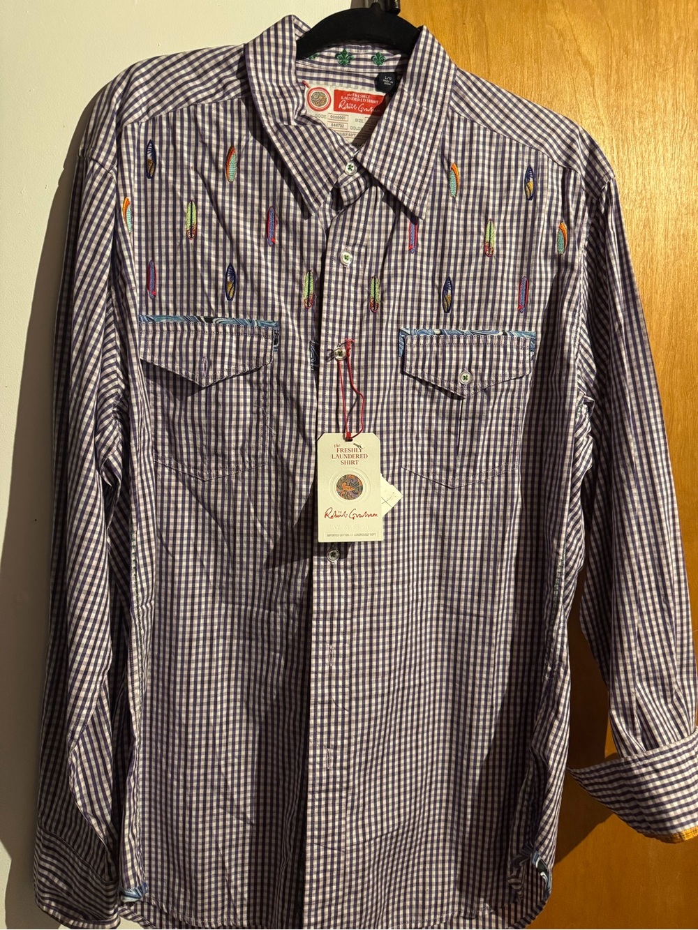Robert Graham Purple Gingham Button-Down Shirt with Multicolor Embroidery